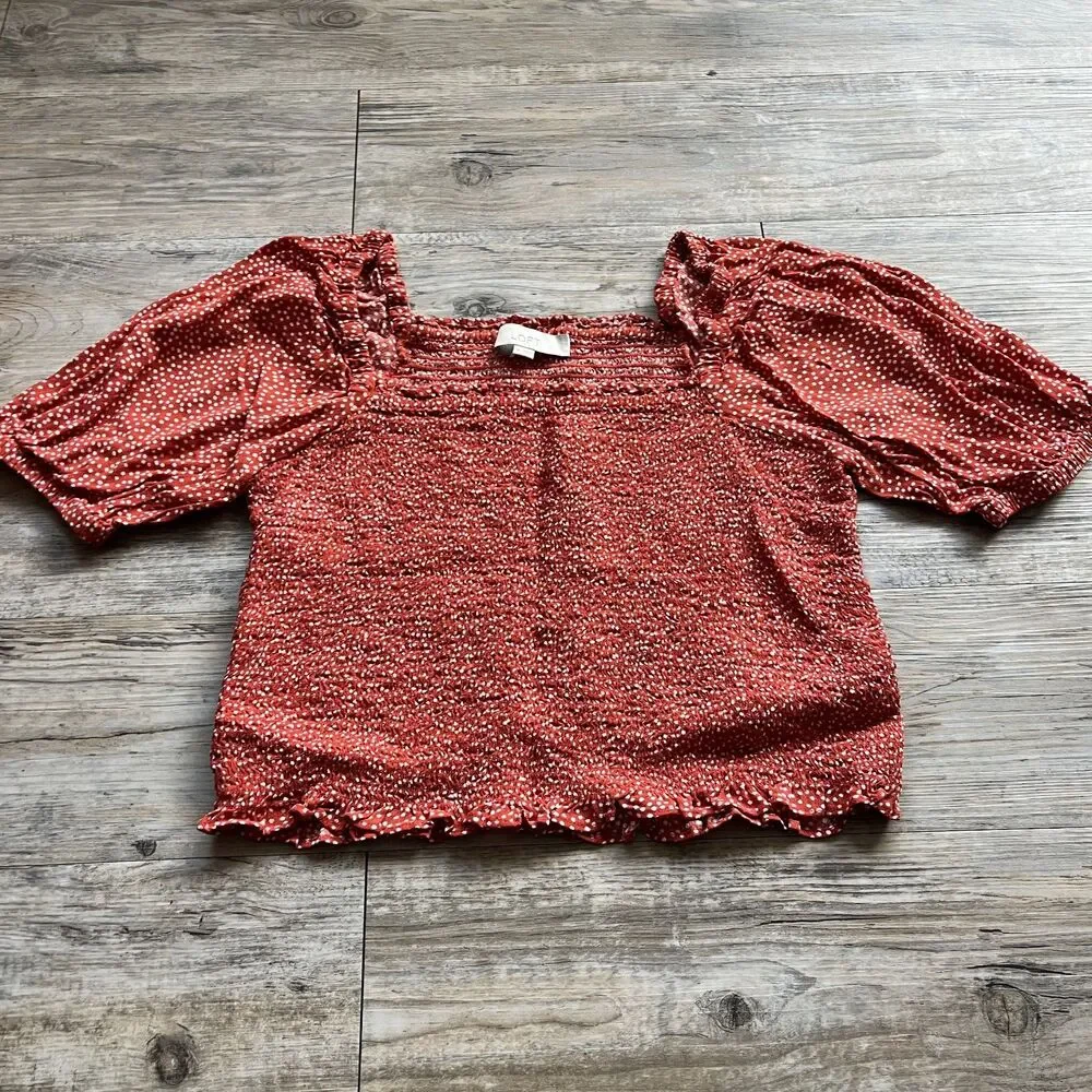 LOFT Puff Sleeve Dotted Smocked Top and Skirt SET Medium Red Orange White
